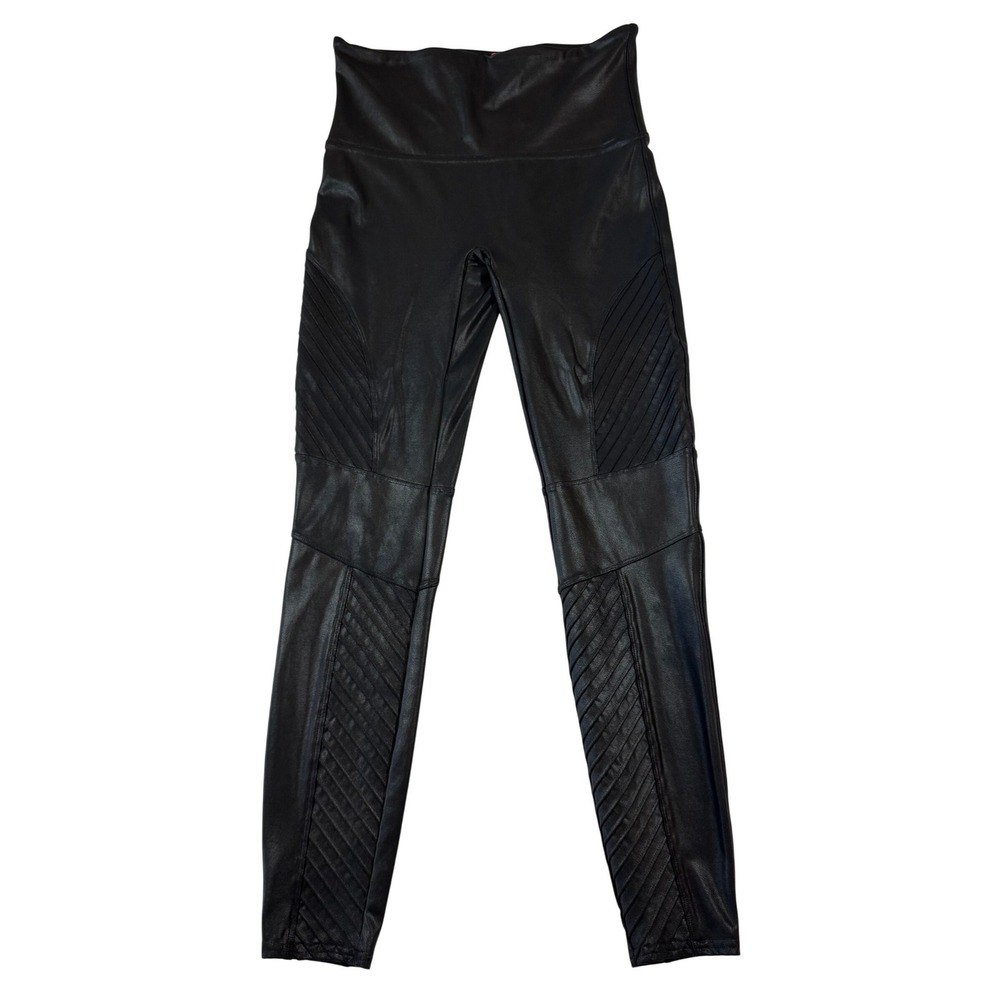 Spanx Faux Leather Moto Leggings Black High Waist Quilted Ribbed Size Large